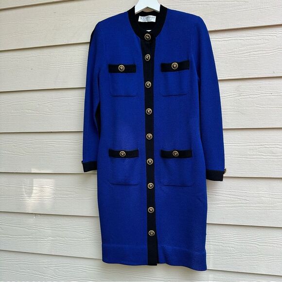 St. John Button Down Military Santana Knit Cardigan Coat / Dress Sz 2 Blue Black